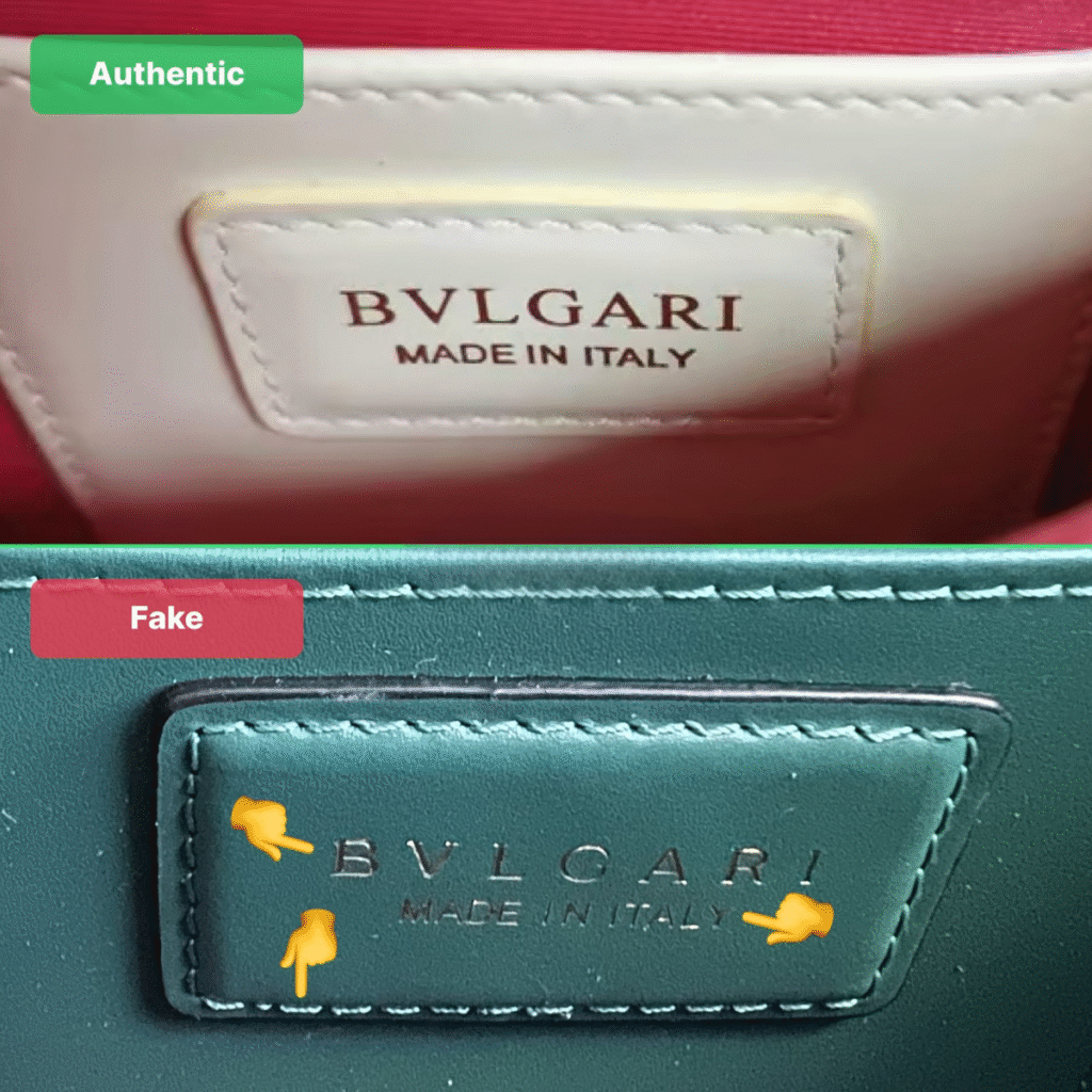 Bvlgari Serpenti bag interior stamp ‘BVLGARI Made in Italy’ with precise stitching, authentic vs fake comparison