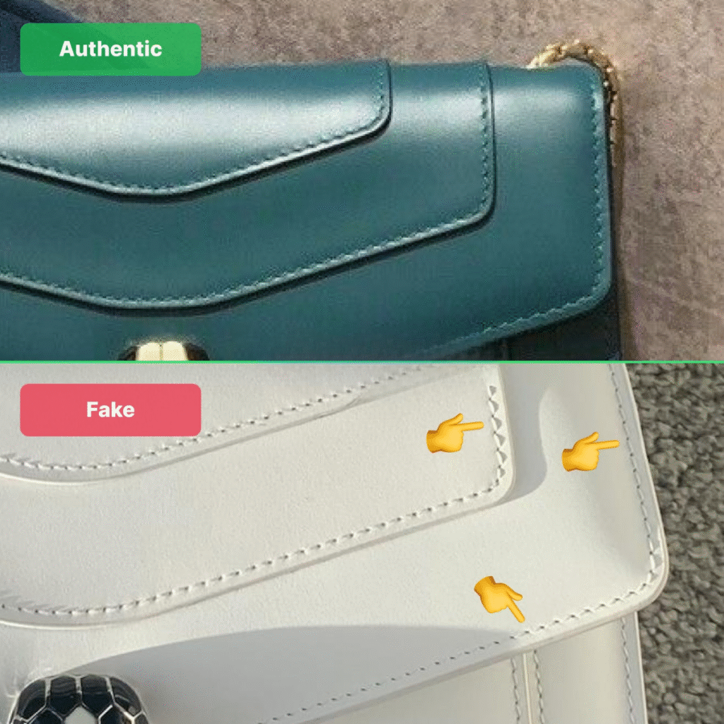 Side-by-side comparison of real and fake Bvlgari Serpenti snakehead clasp highlighting enamel quality and gemstone eyes