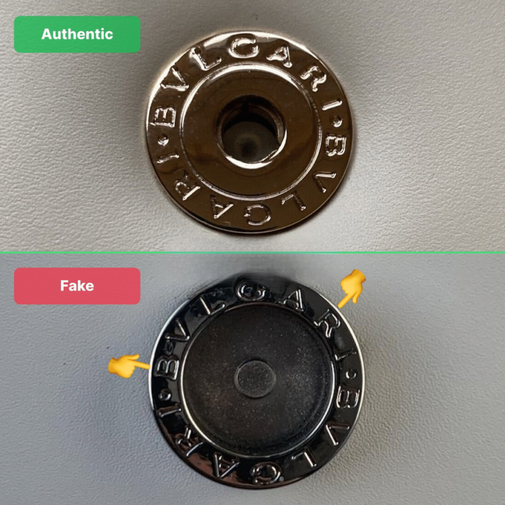 Close-up of Bvlgari Serpenti bag metal hardware with deep engraving, authentic luxury bag detail